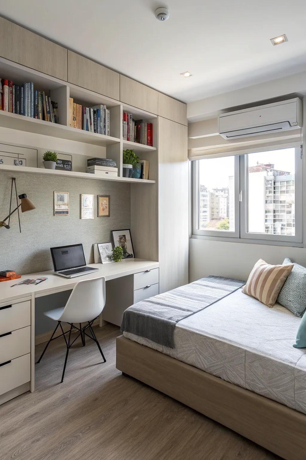 A functional multipurpose space that works as both an office and a guest area.