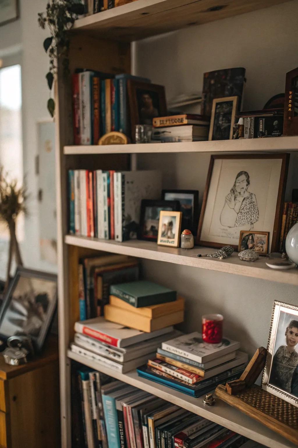 Bookshelf featuring personalized mementos and keepsakes.