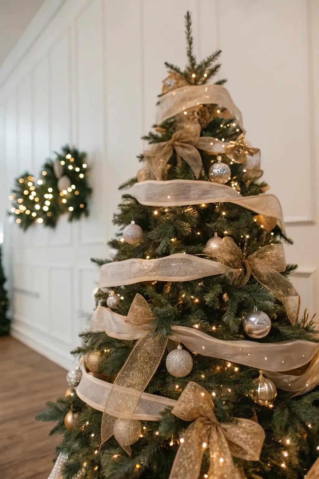 An elegant Christmas tree exhibiting exquisitely stratified ribbon decorations.