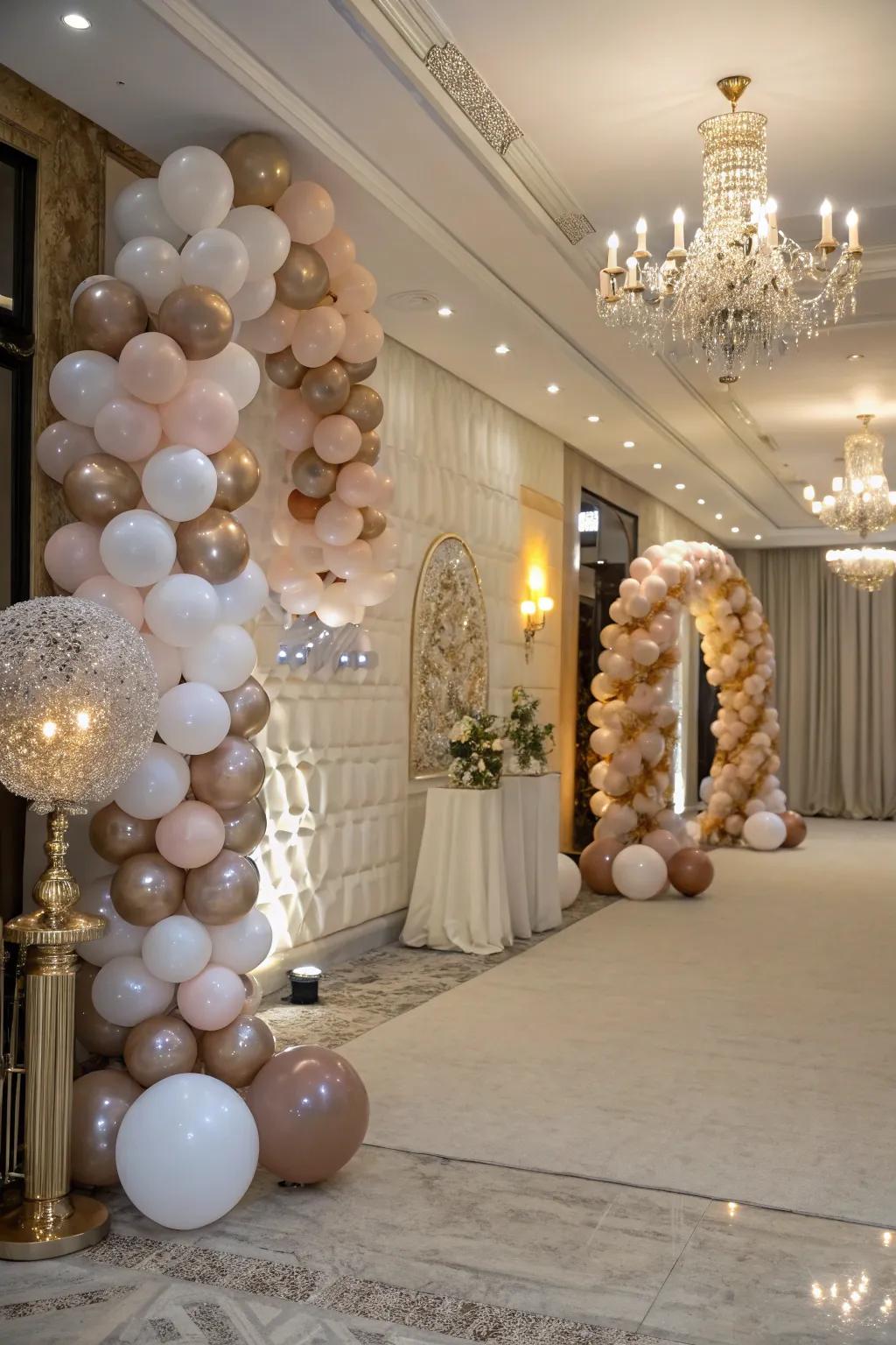 Layered and textured balloon decorations bring sophistication and depth to the party environment.