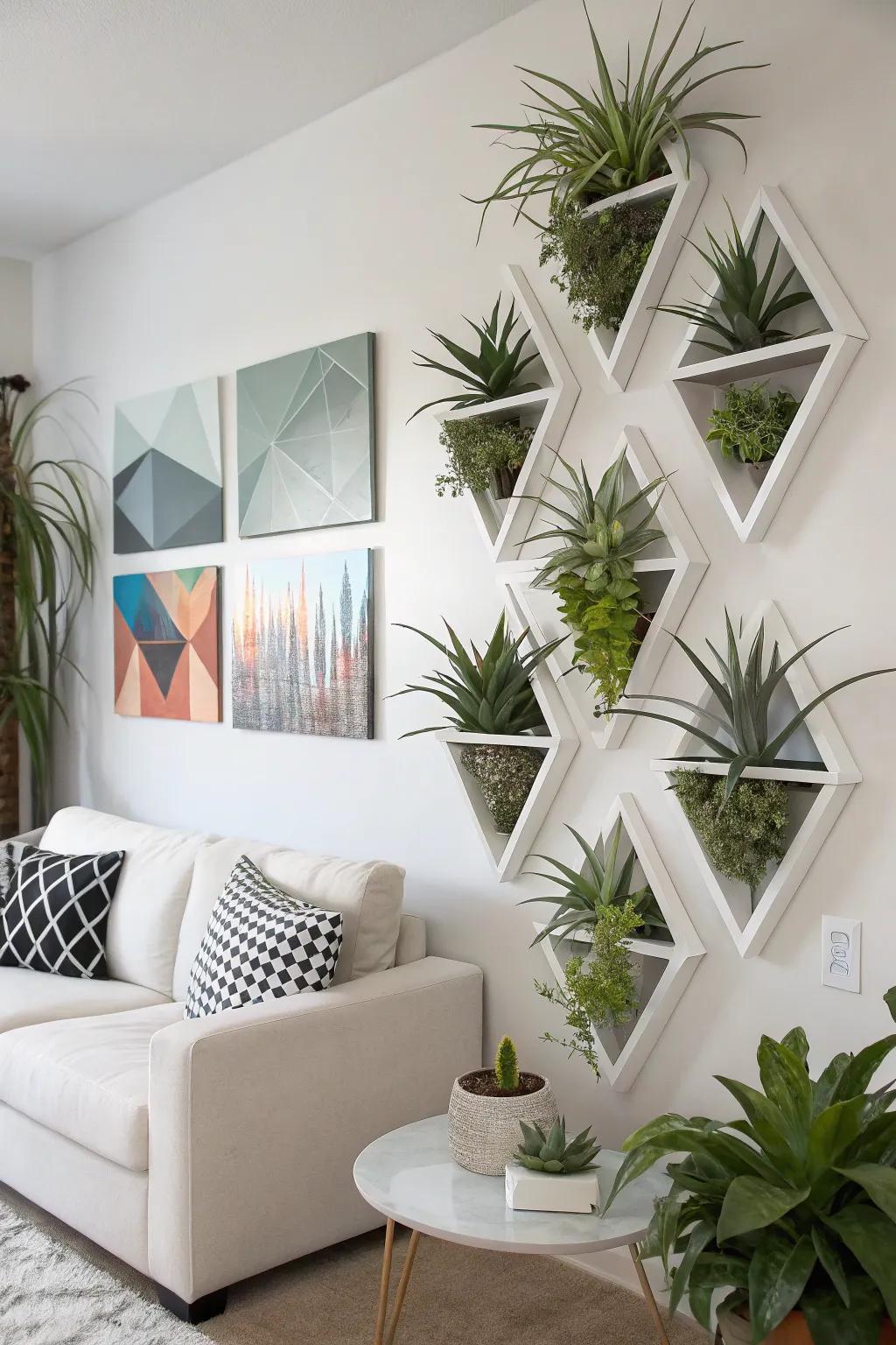 Geometric wall planters displaying air plants for contemporary decor.