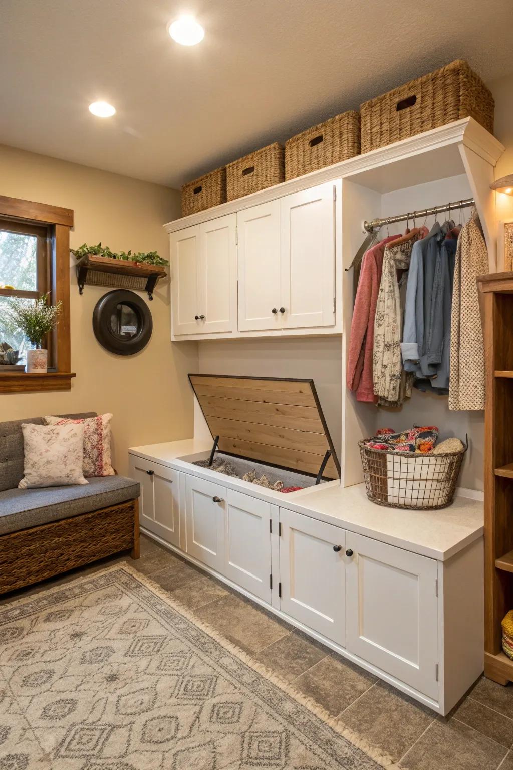 Storage benches blend seating with concealed storage.