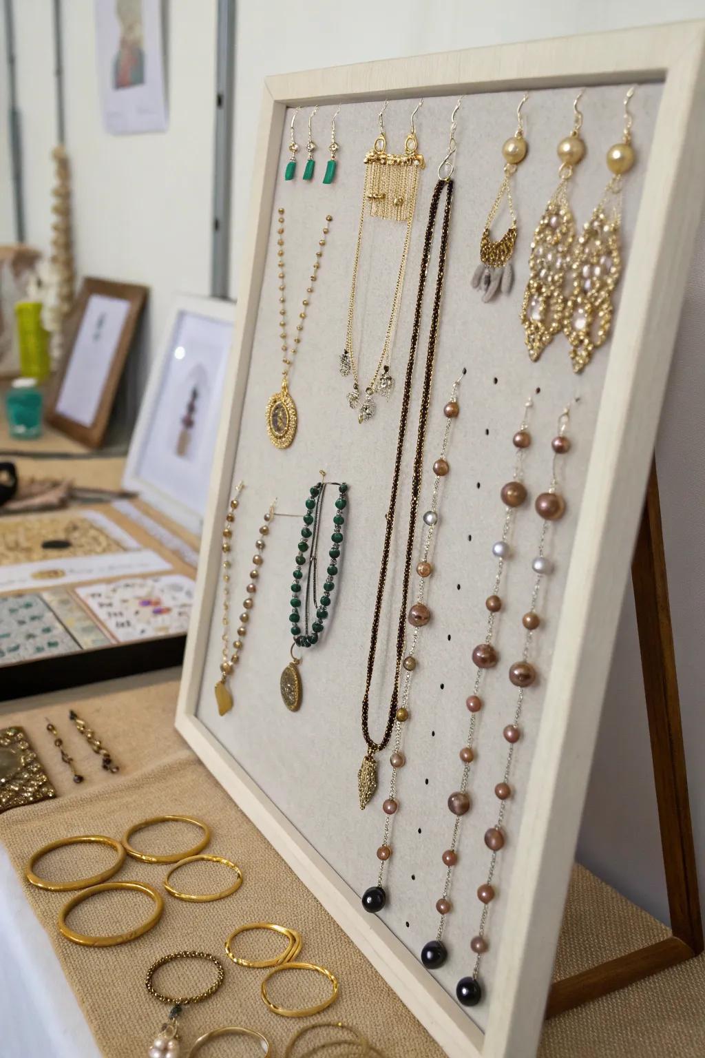 Organize jewelry with a creative magnetic board.