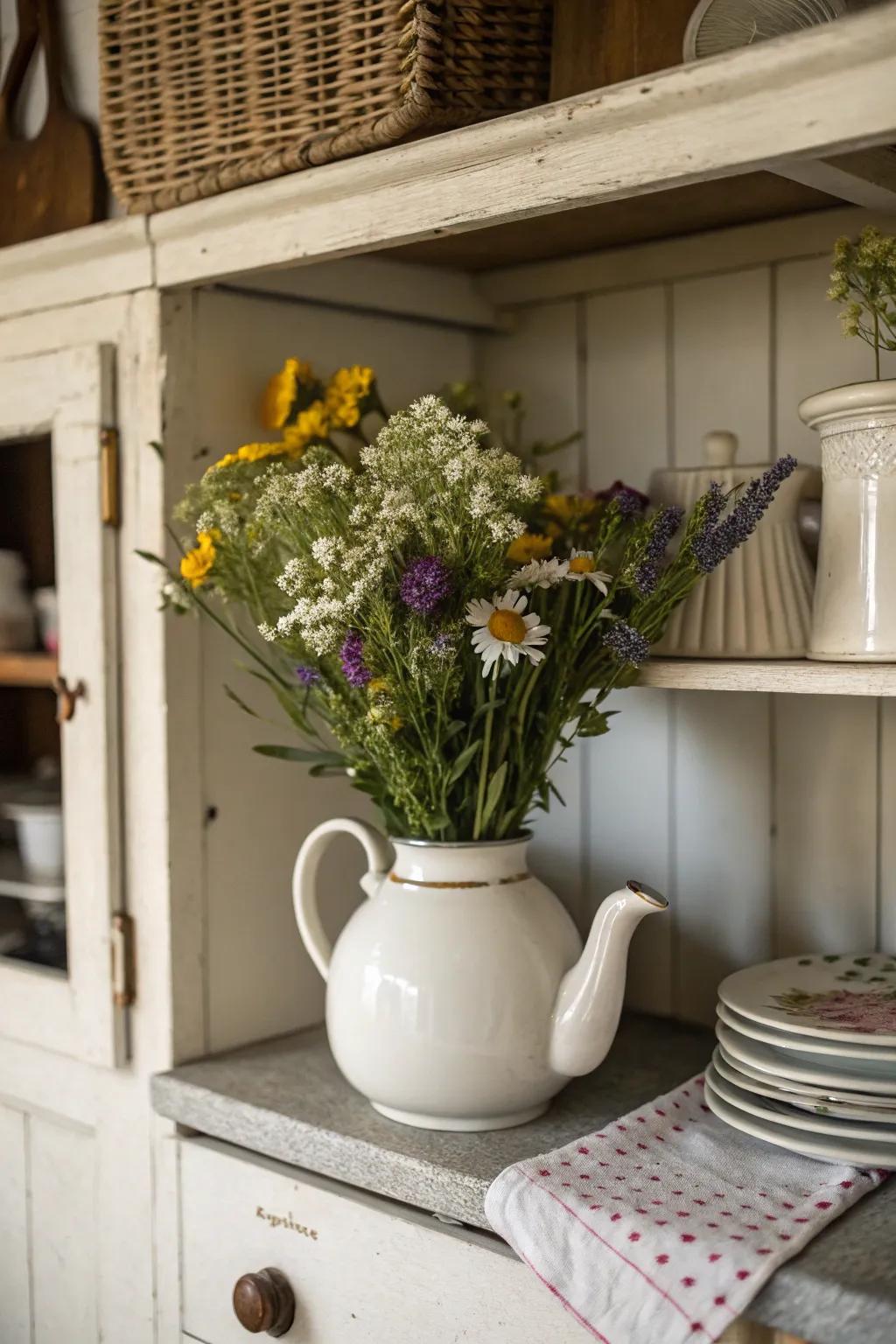 An unusual receptacle utilized to exhibit a relaxed floral arrangement.