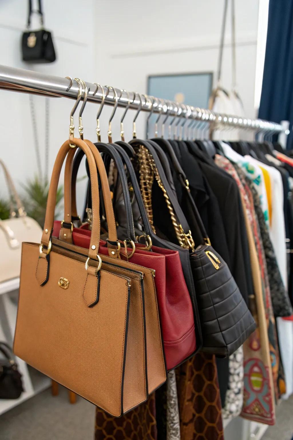 Flexible purse storage using S-hooks on a rod, perfect for growing collections.
