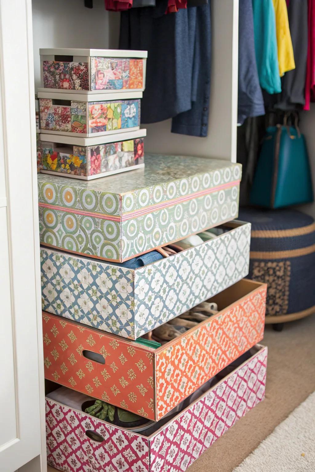 Shoe boxes turned into fashionable puzzle storage.