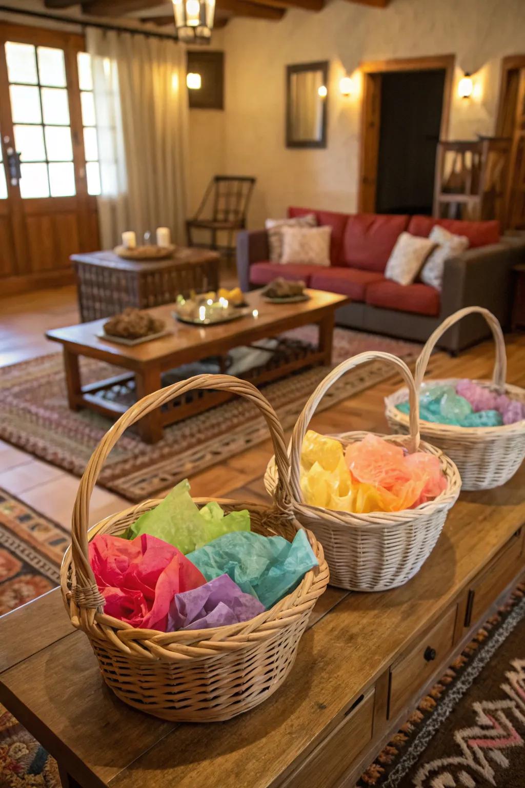 Willow baskets present an elegant means to store tissue paper.