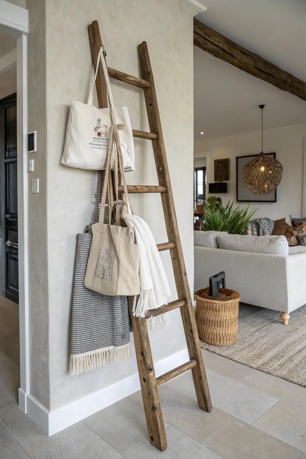 A ladder lends countryside appeal to carryall storage.