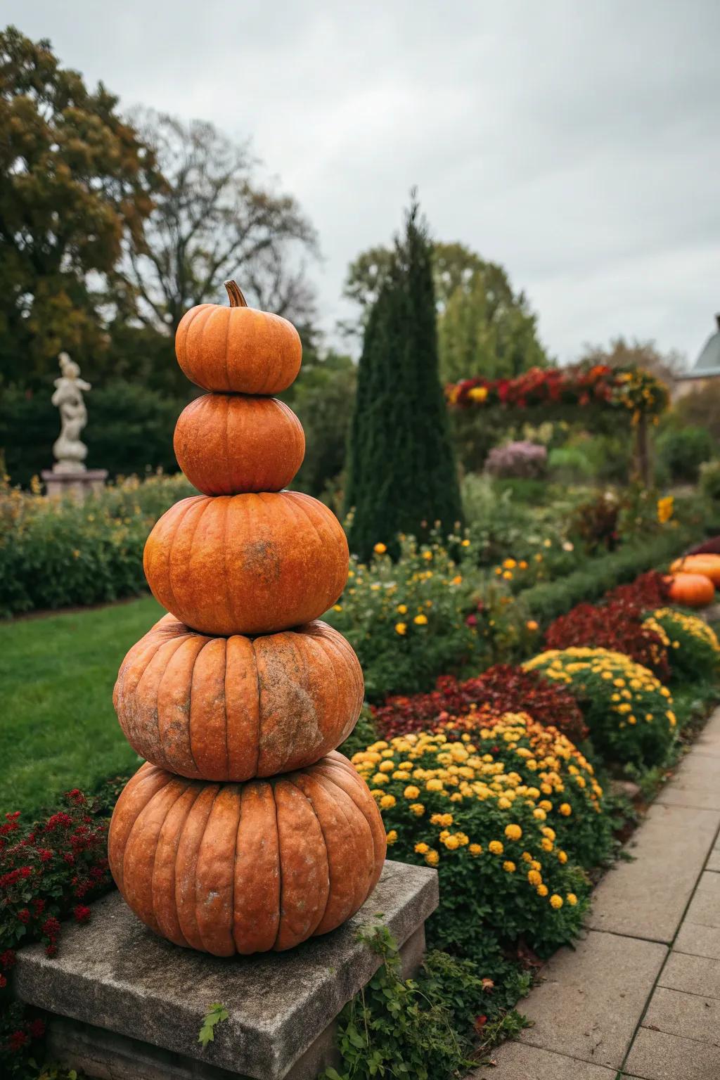 A pumpkin topiary that incorporates height and elegance into outdoor decor.