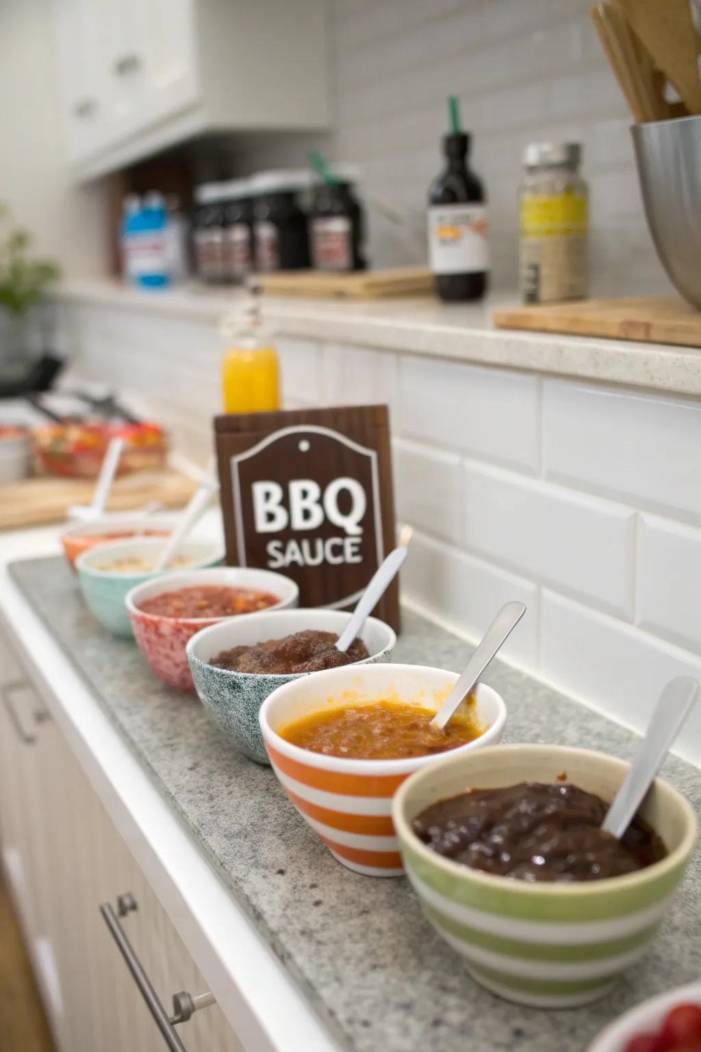 A DIY BBQ sauce display allows guests to personalize their flavors.