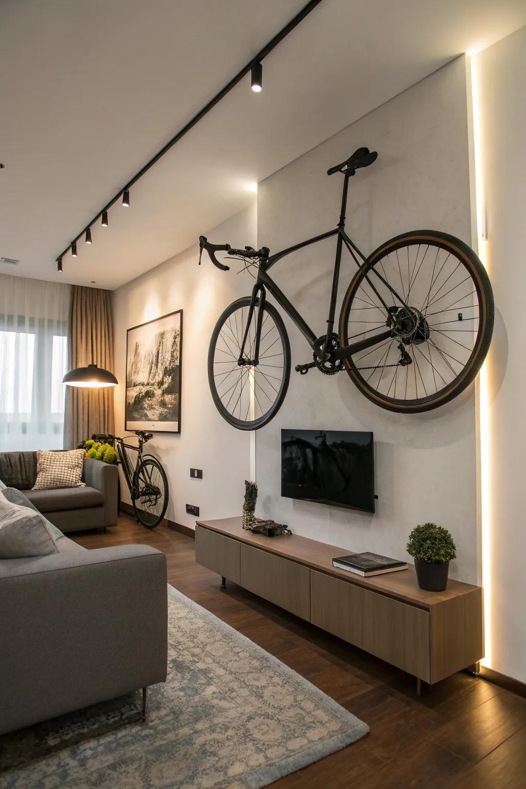 An artistic wall hanger turns a bike into a statement piece.