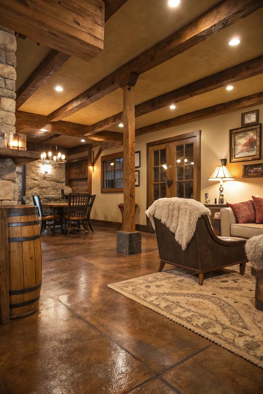 Simulated wood concrete floors deliver rustic allure.