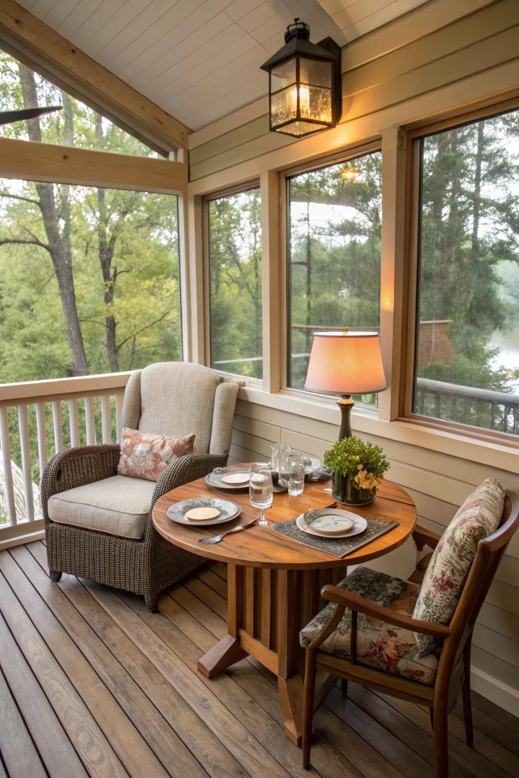 A versatile indoor deck featuring zones for meals and leisure.