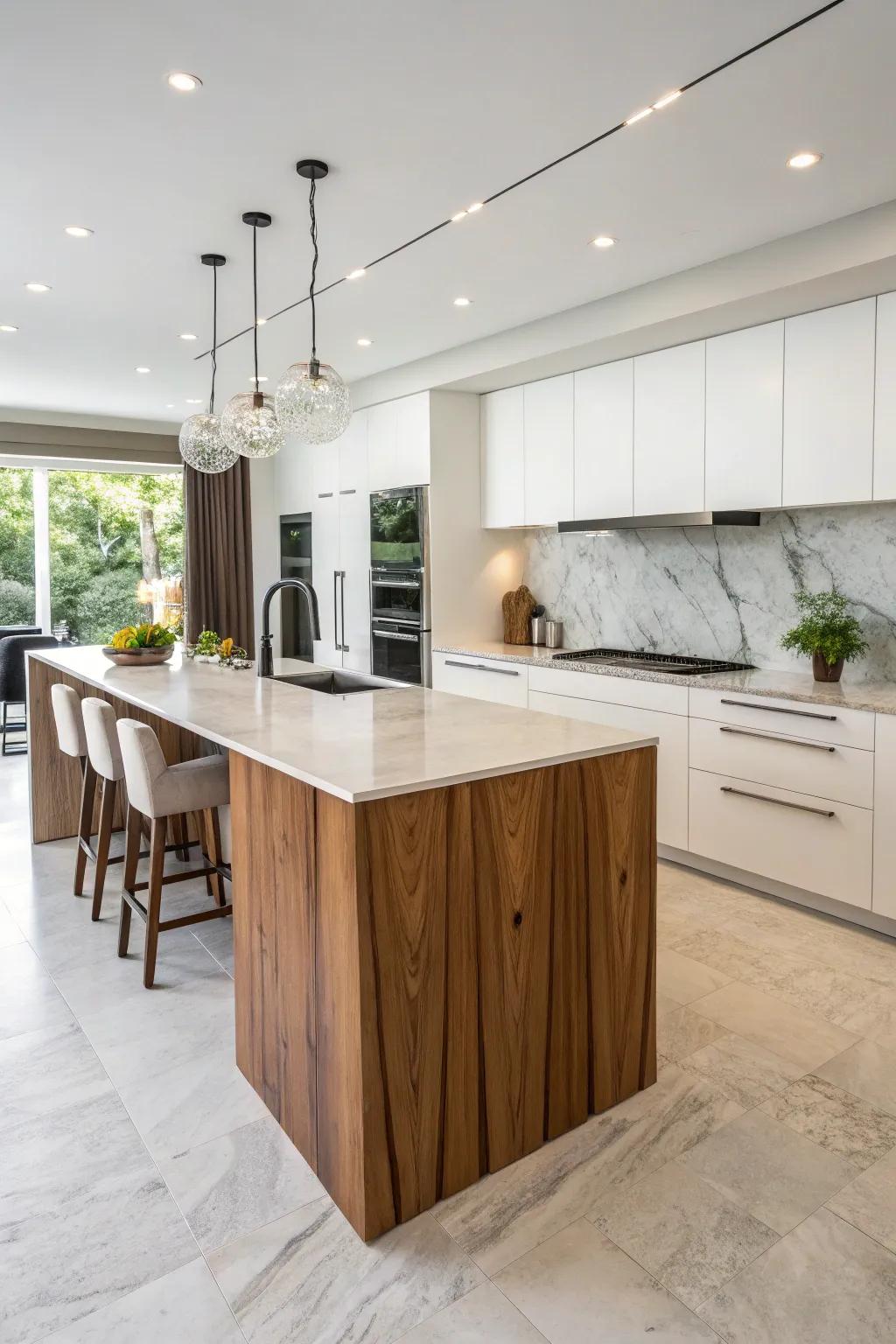 A timber waterfall worktop adds a hint of elegance to modern kitchen designs.