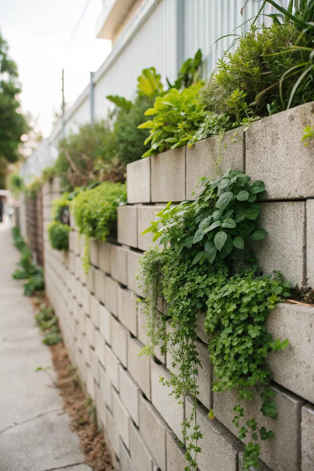 A vertical garden brings a refreshing feel to a concrete block wall.