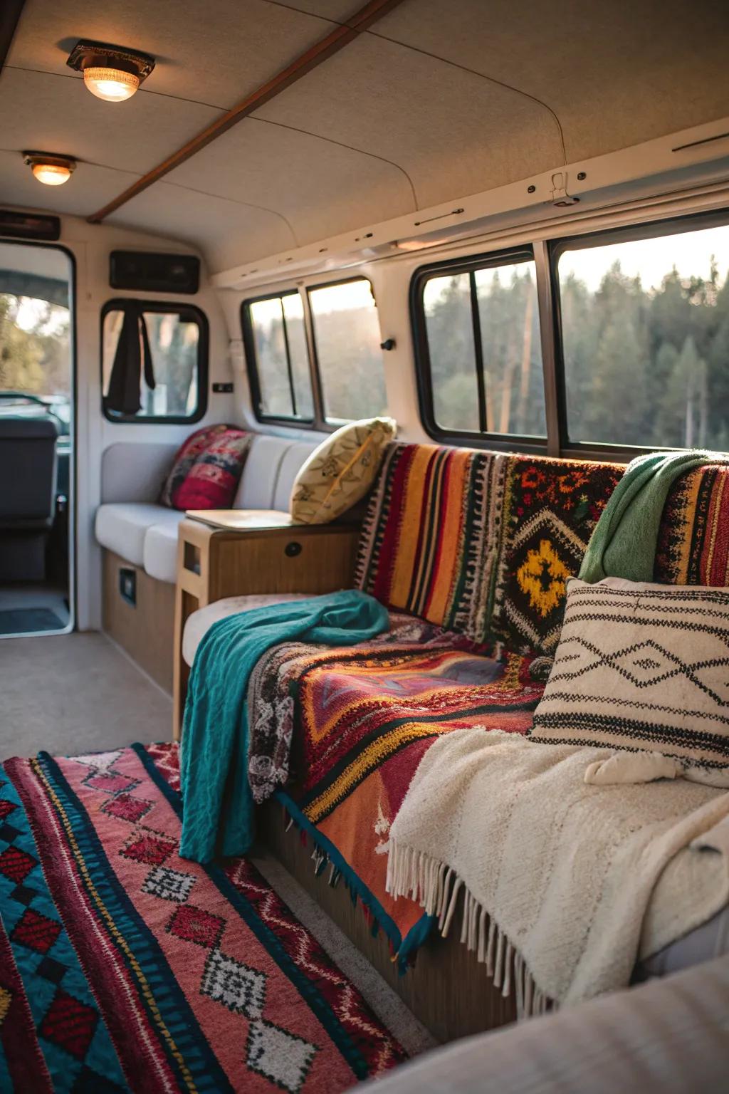Gentle rugs and textiles that bring warmth and design to the camper.