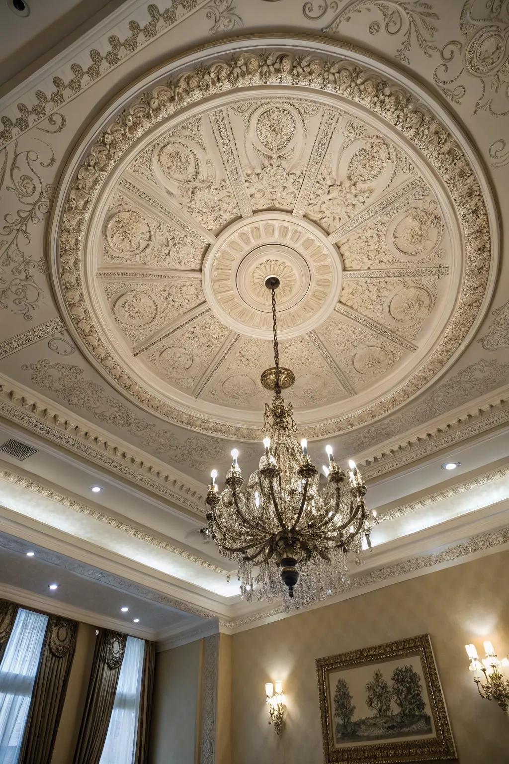 An ornate ceiling medallion adding drama to a living room ceiling.