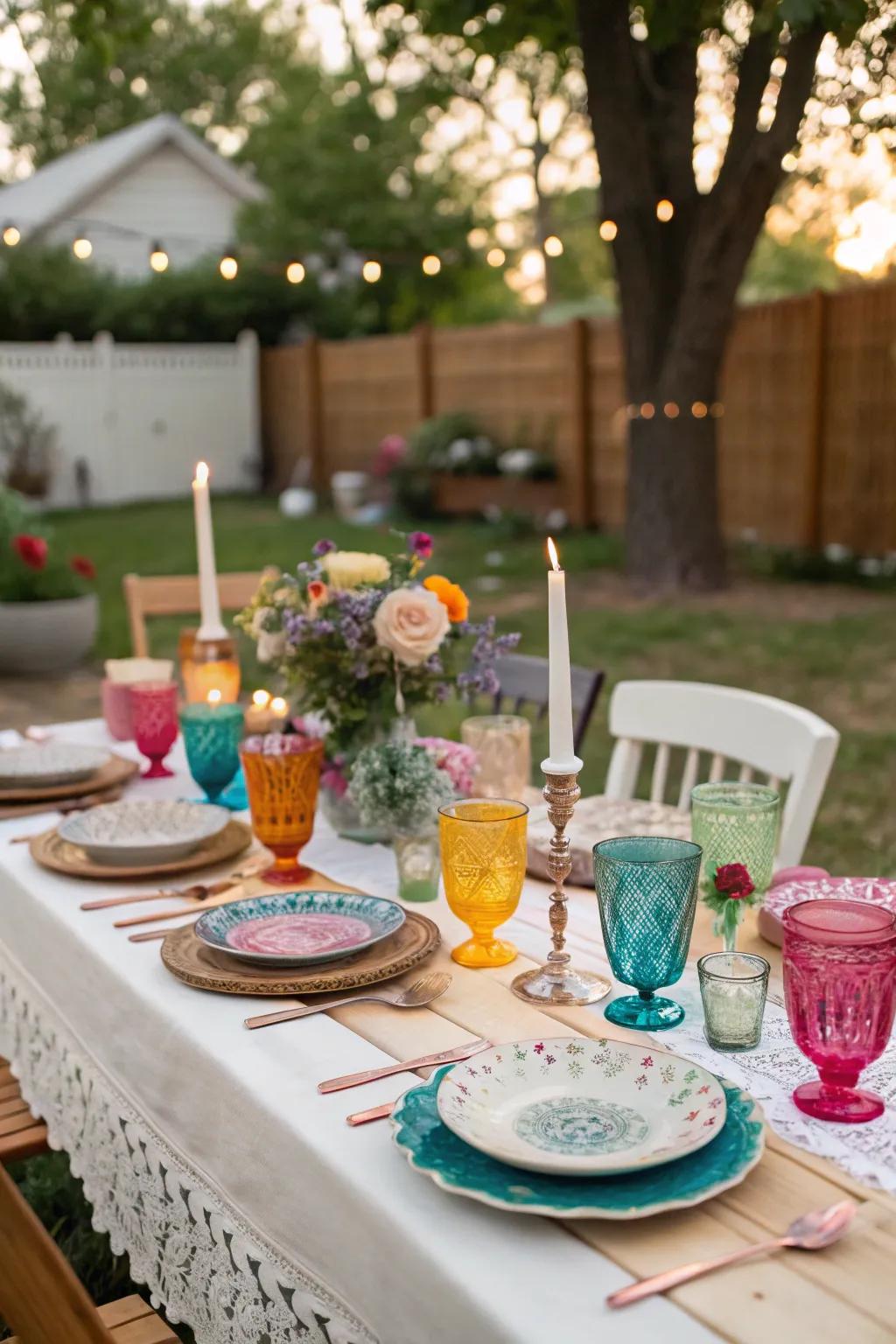 Diverse vintage tableware contributes charm to a backyard reception.