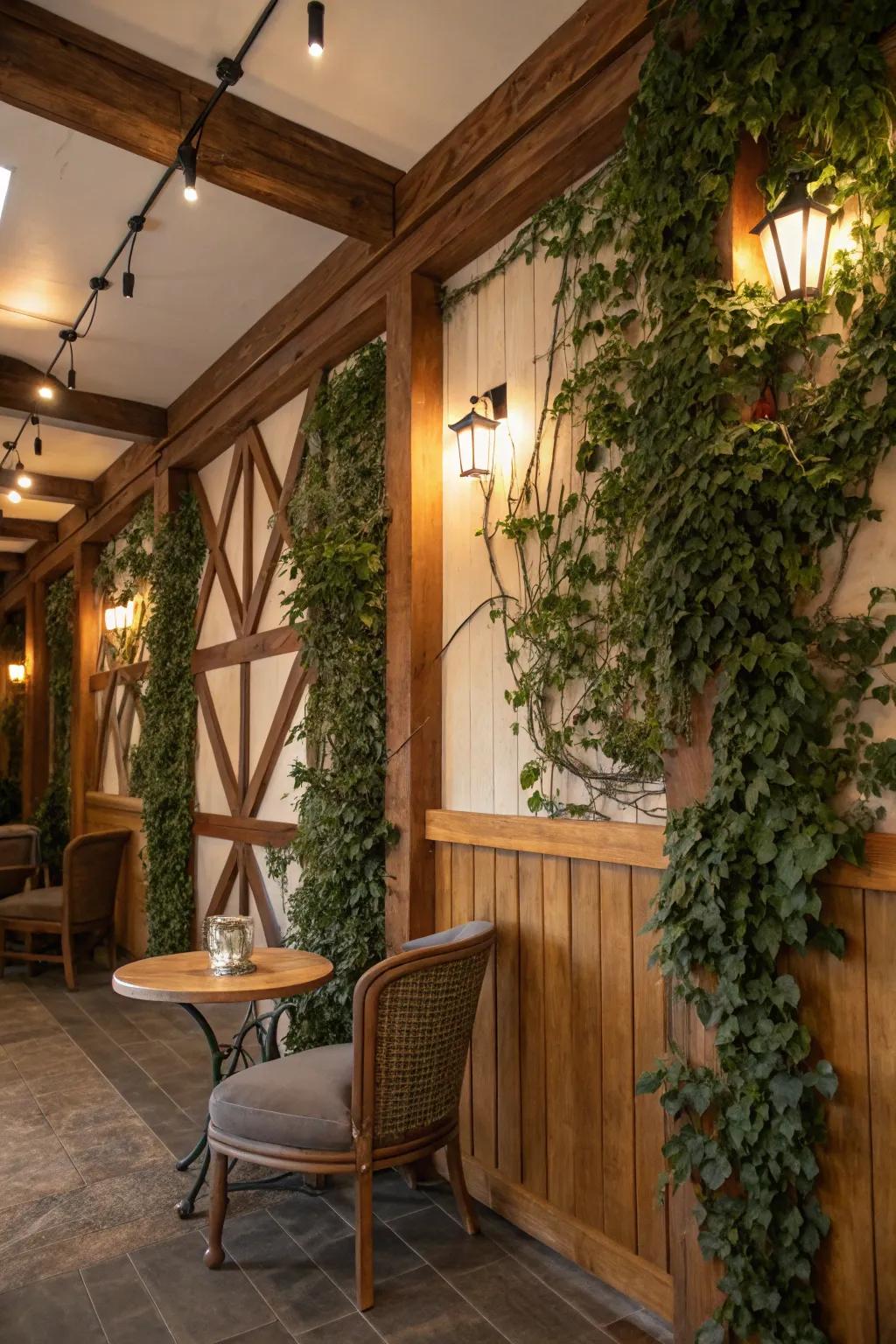 A rustic ivy wall combined with wood accents, adding warmth and charm.