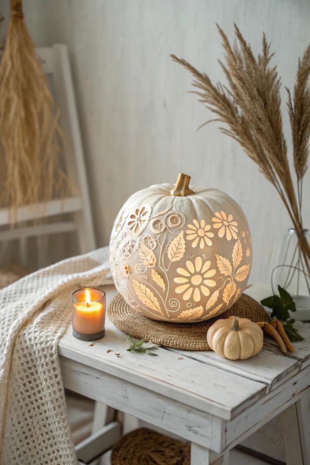 Embrace the charm of radiant patterns with detailed floral engravings, crafting enchanting shadows that intertwine with the warmth of Scandinavian simplicity.