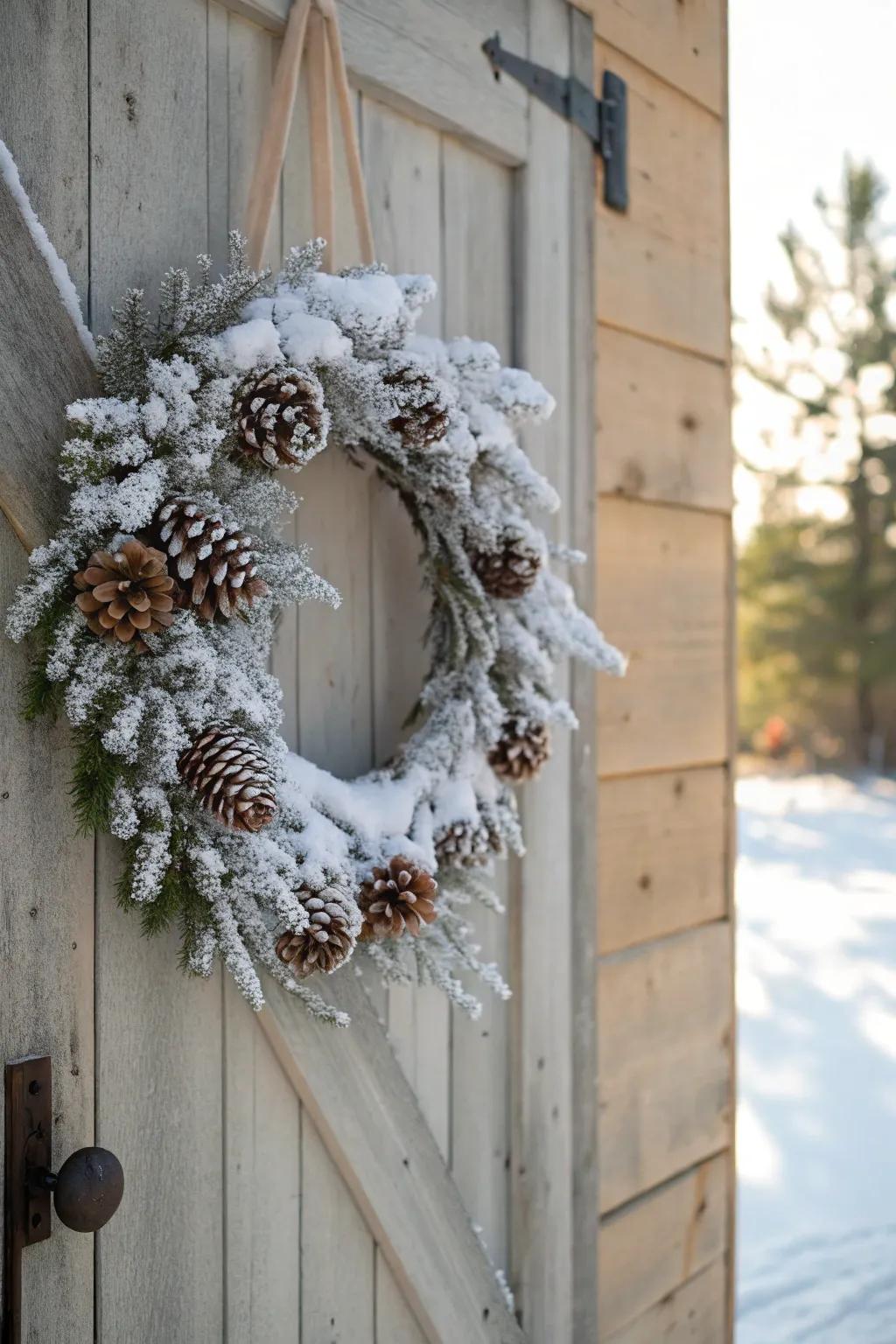 Snow-covered grapevine garlands convey the splendor of winter woodlands to your doorway.