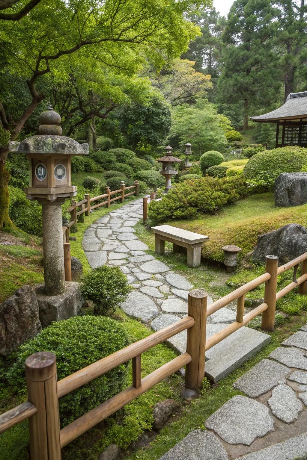 Timber borders and lounge areas in a Japanese garden.