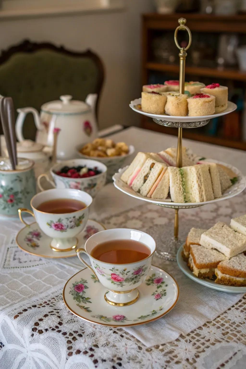 A vintage tea party setup featuring mismatched china.
