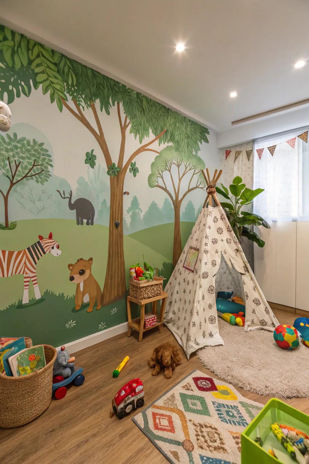A playroom that invites adventure with its jungle-themed wall covering.