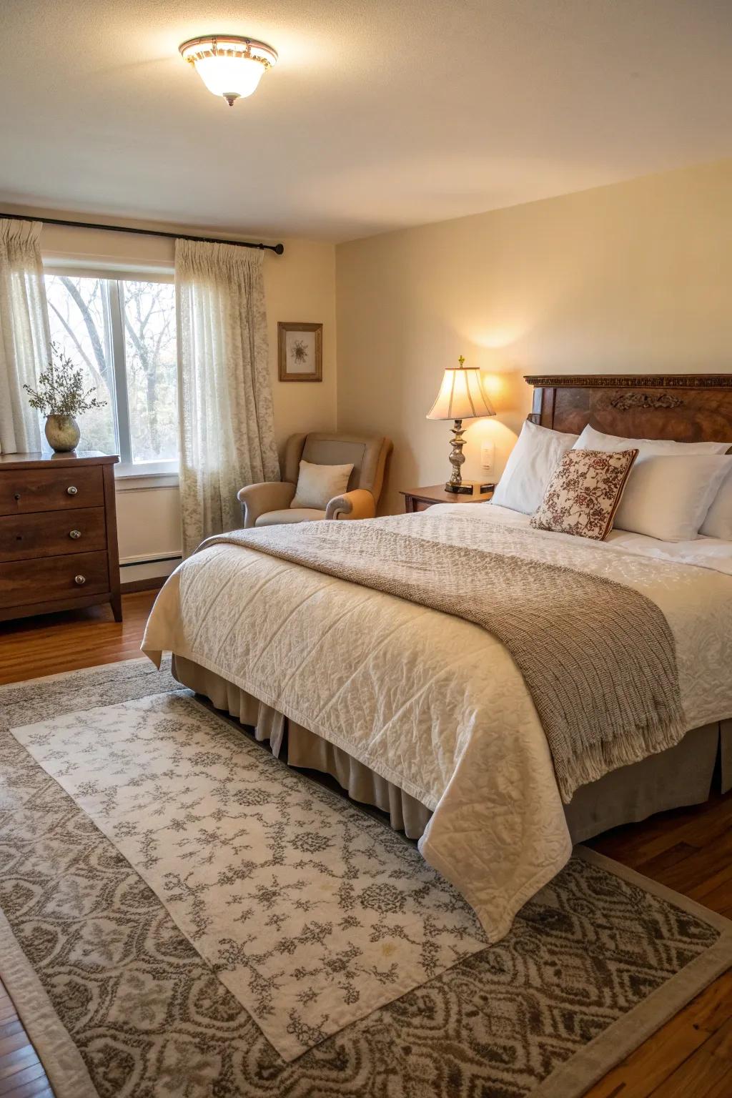 A textured floor covering introduces warmth and softness underneath this king-sized bed.