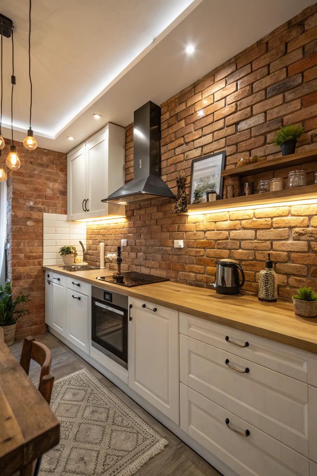 Textured elements like brick can add warmth and personality.