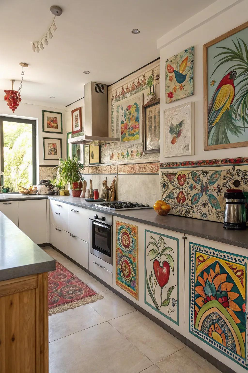 Different art borders make your kitchen feel like an art showing.