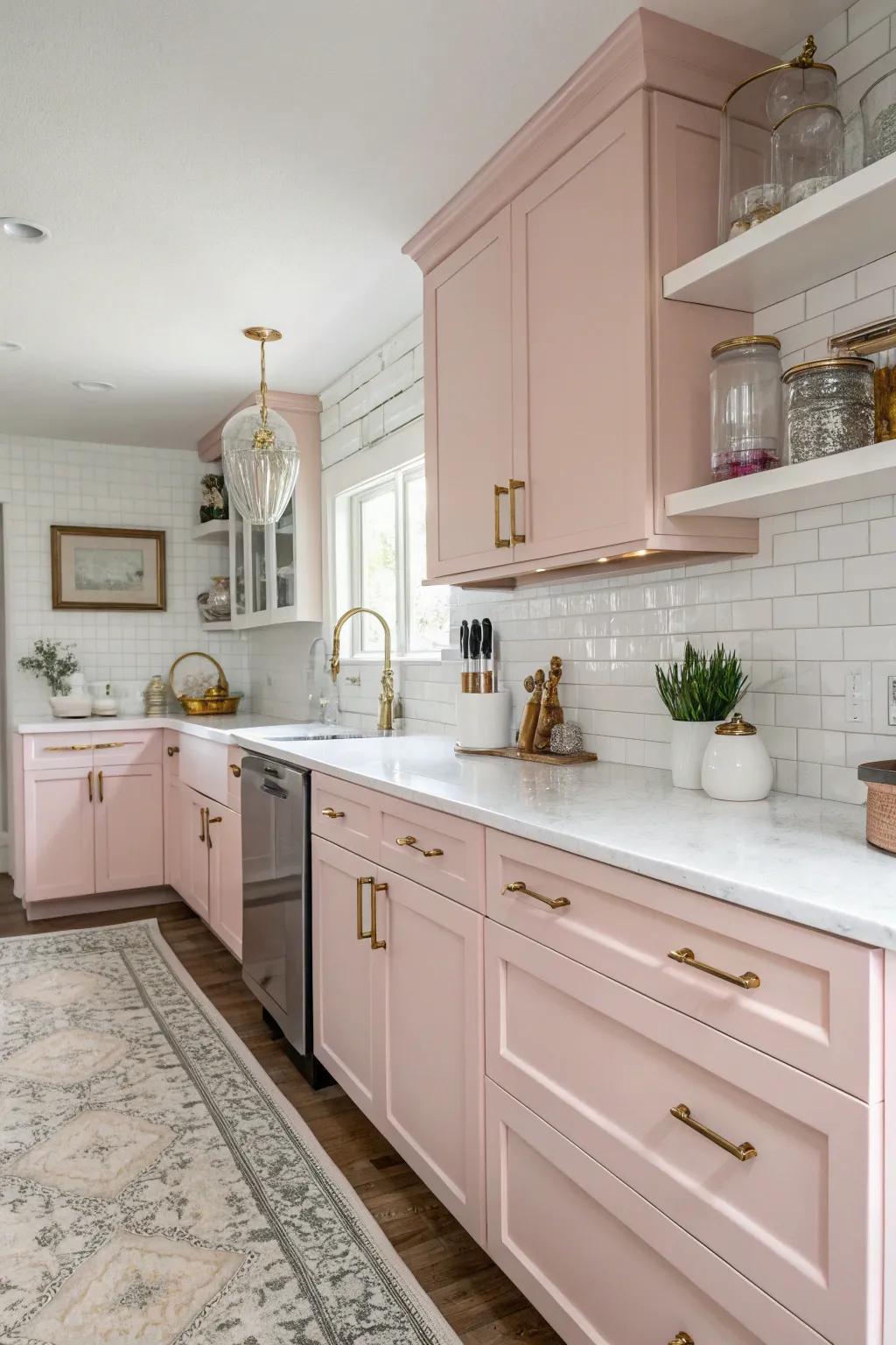 Pastel pink cabinets offer a fun and elegant kitchen appearance.