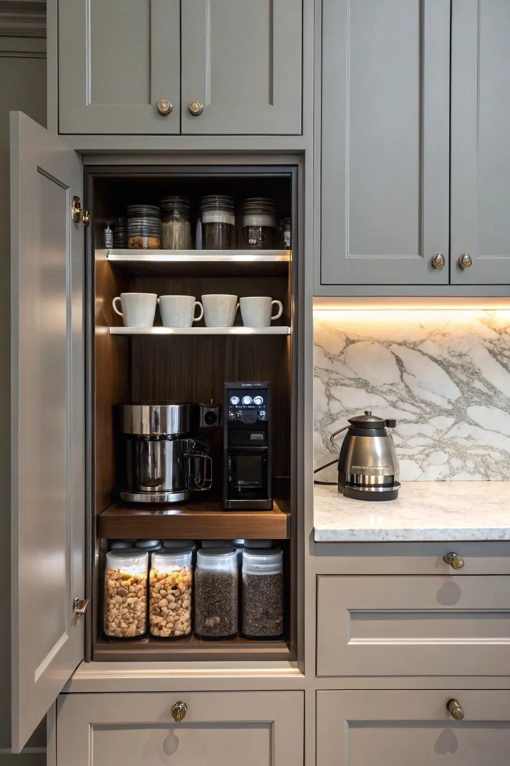 A discreet coffee station hidden behind stylish cabinet doors.
