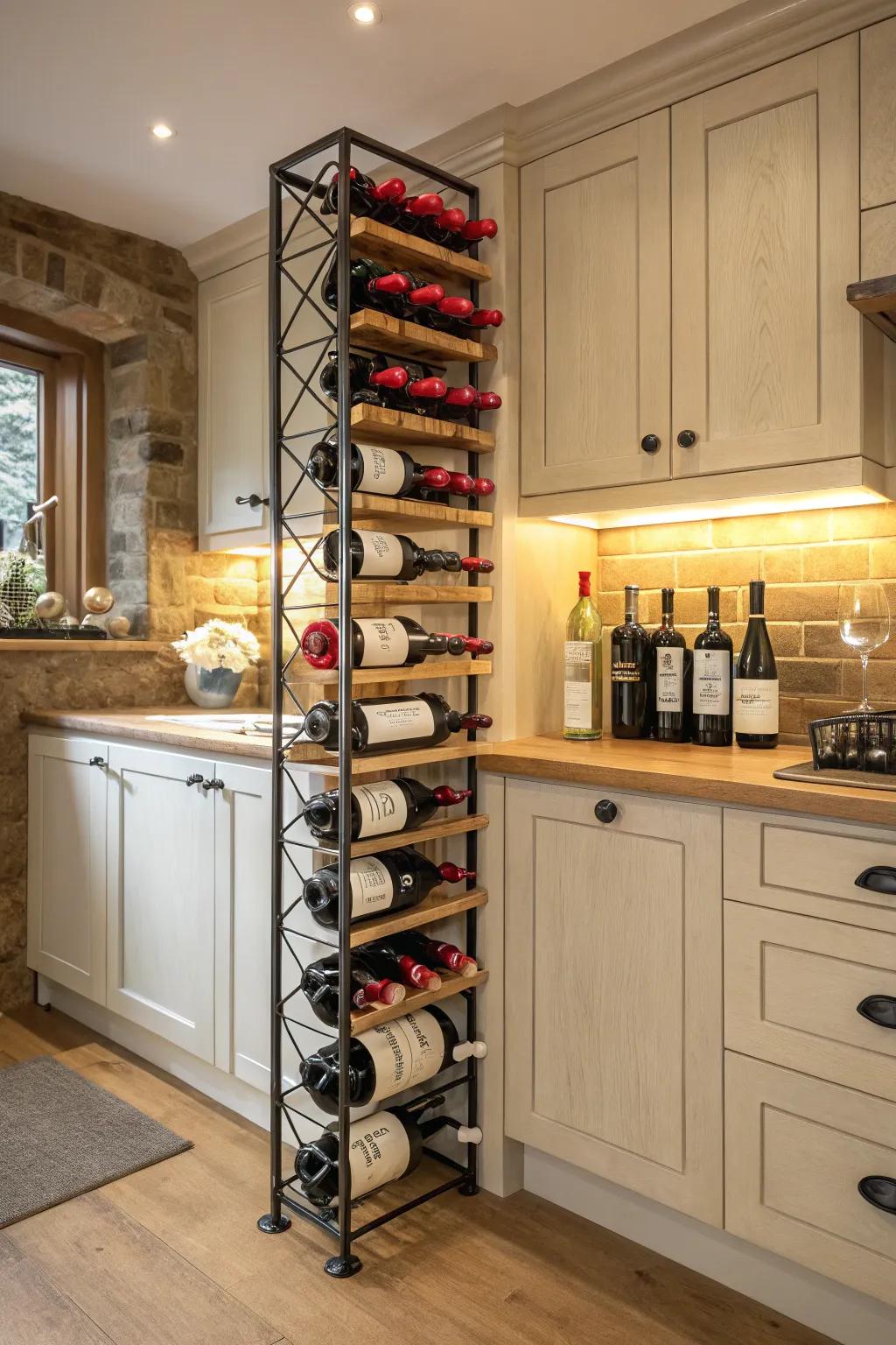 A corner wine rack blends sophistication and storage seamlessly.