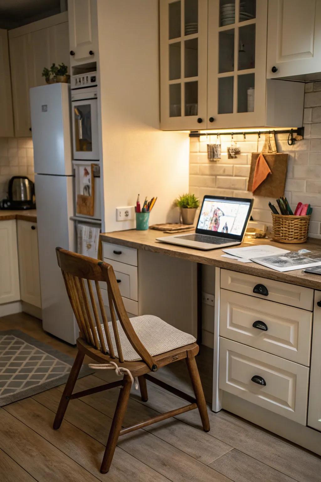 A mini office in the kitchen corner encourages productivity in a small space.