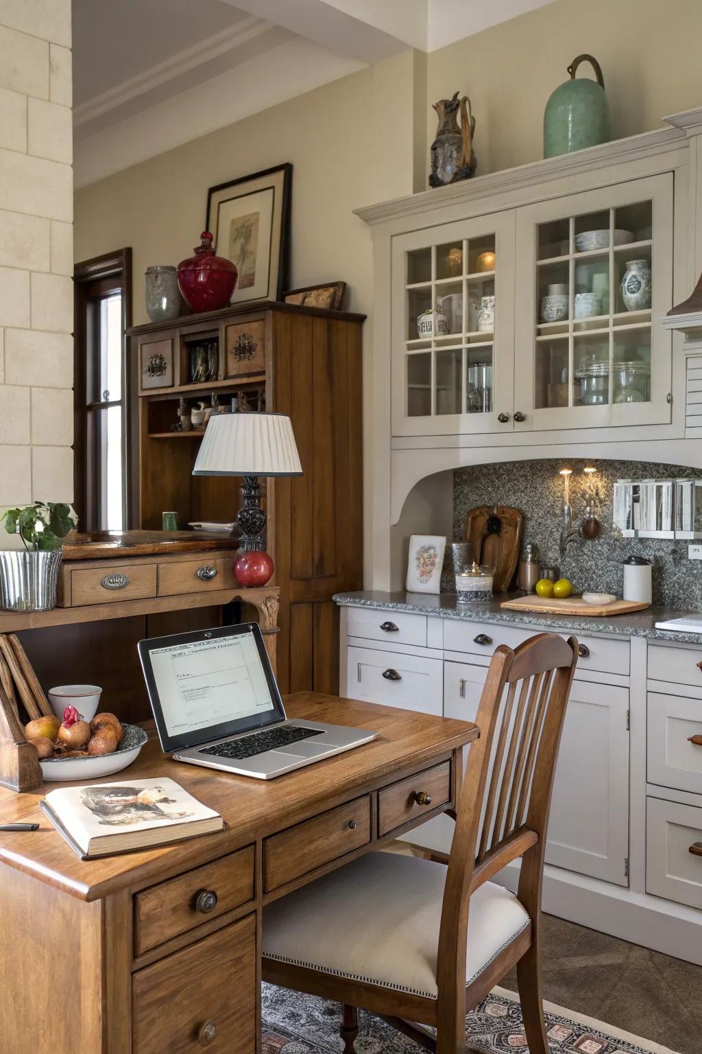 A kitchen desk design effectively mixing contemporary with classic elements.