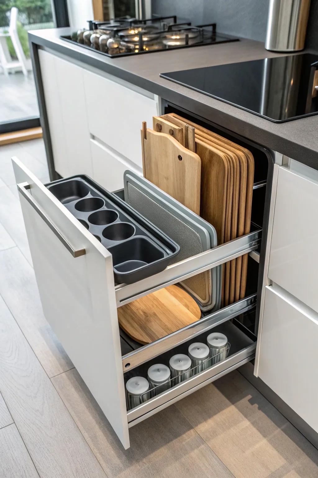 Optimize your drawer space with vertical storage solutions for large flat items.