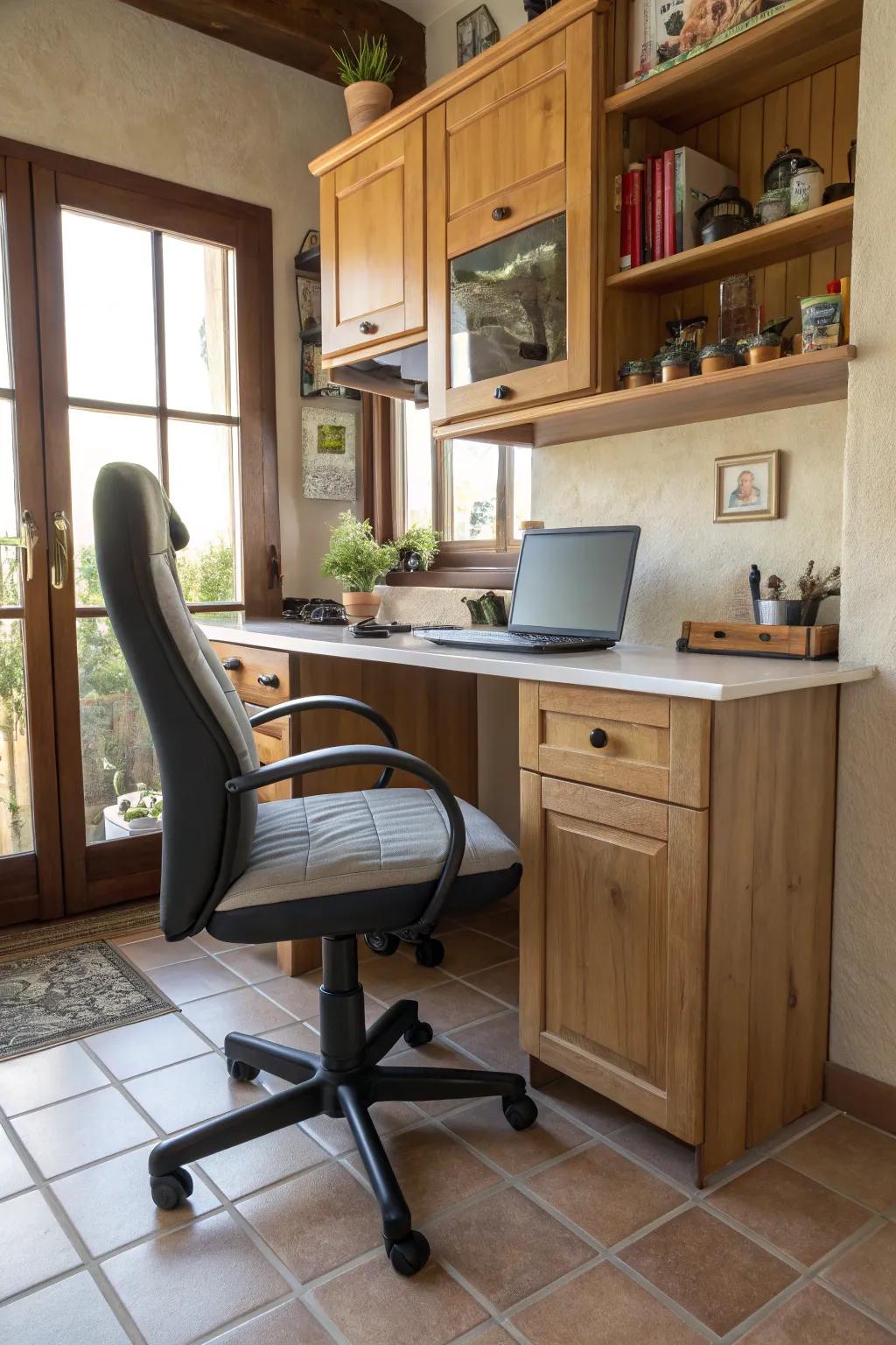 Comfort seating improves comfort in a kitchen office setup.