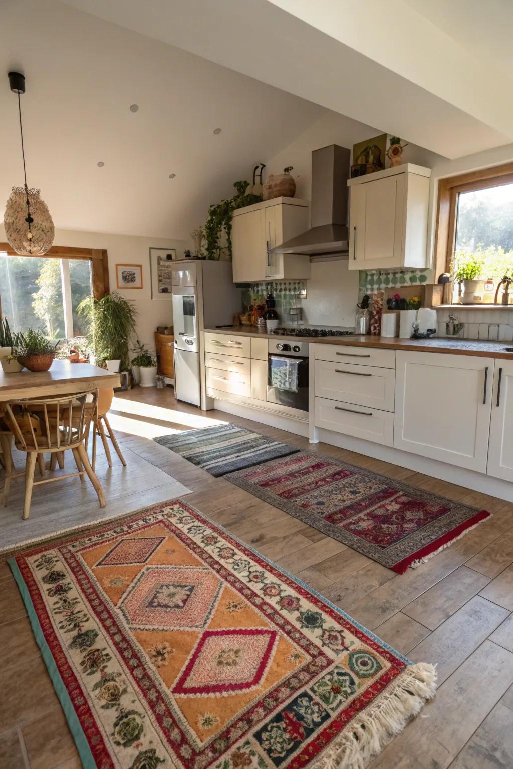 Rugs can successfully specify areas in open-plan kitchens.