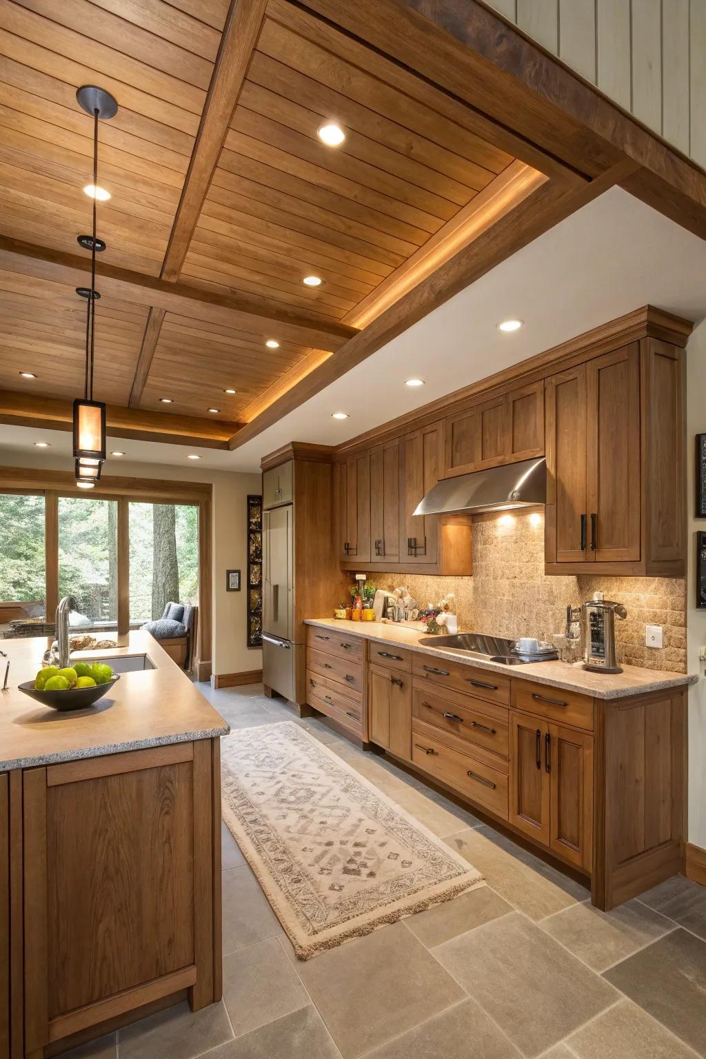 A soffit wrapped in wood finishing, offering a cohesive and inviting kitchen design.