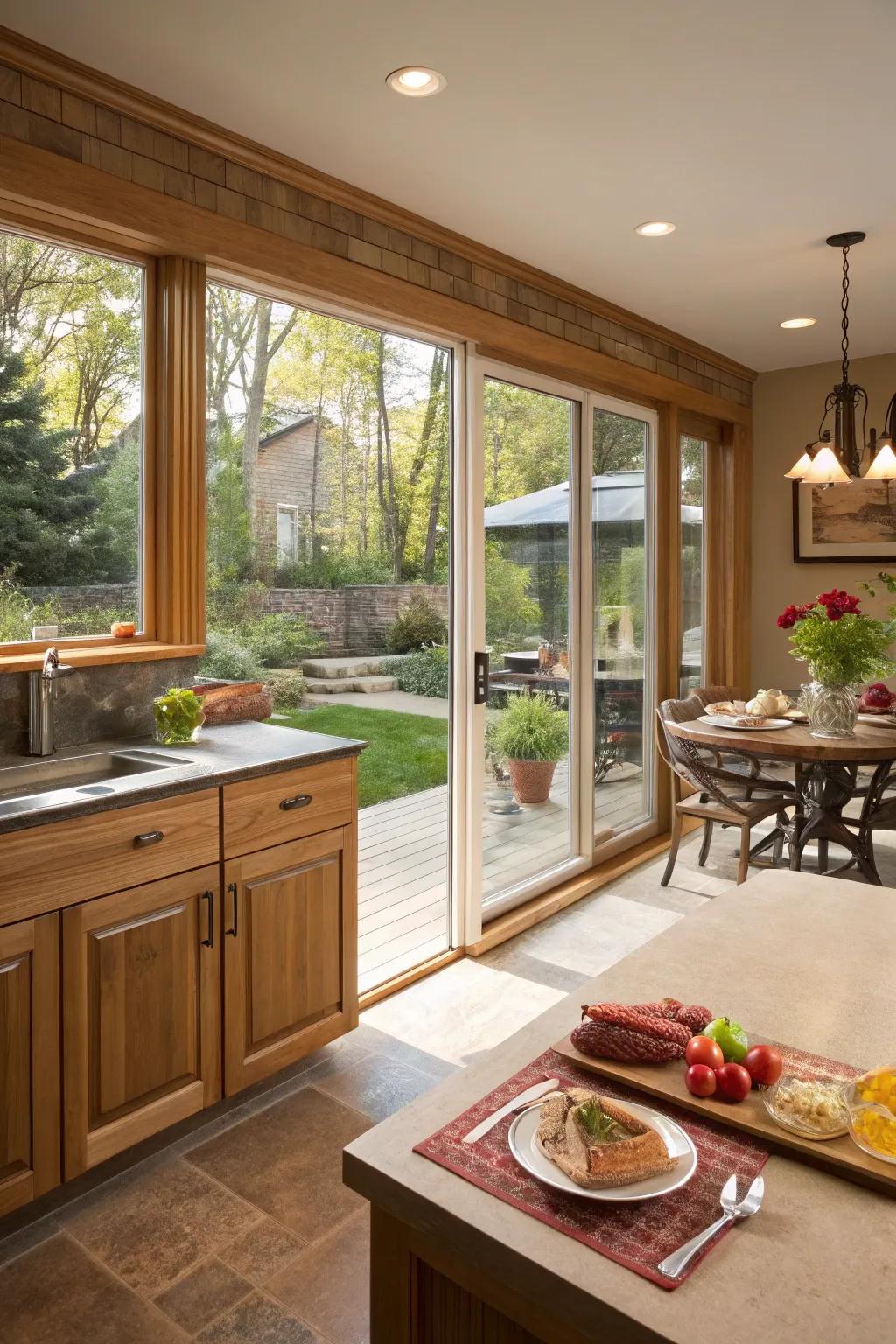 A kitchen that features open windows that lead to an inviting outdoor seating area.