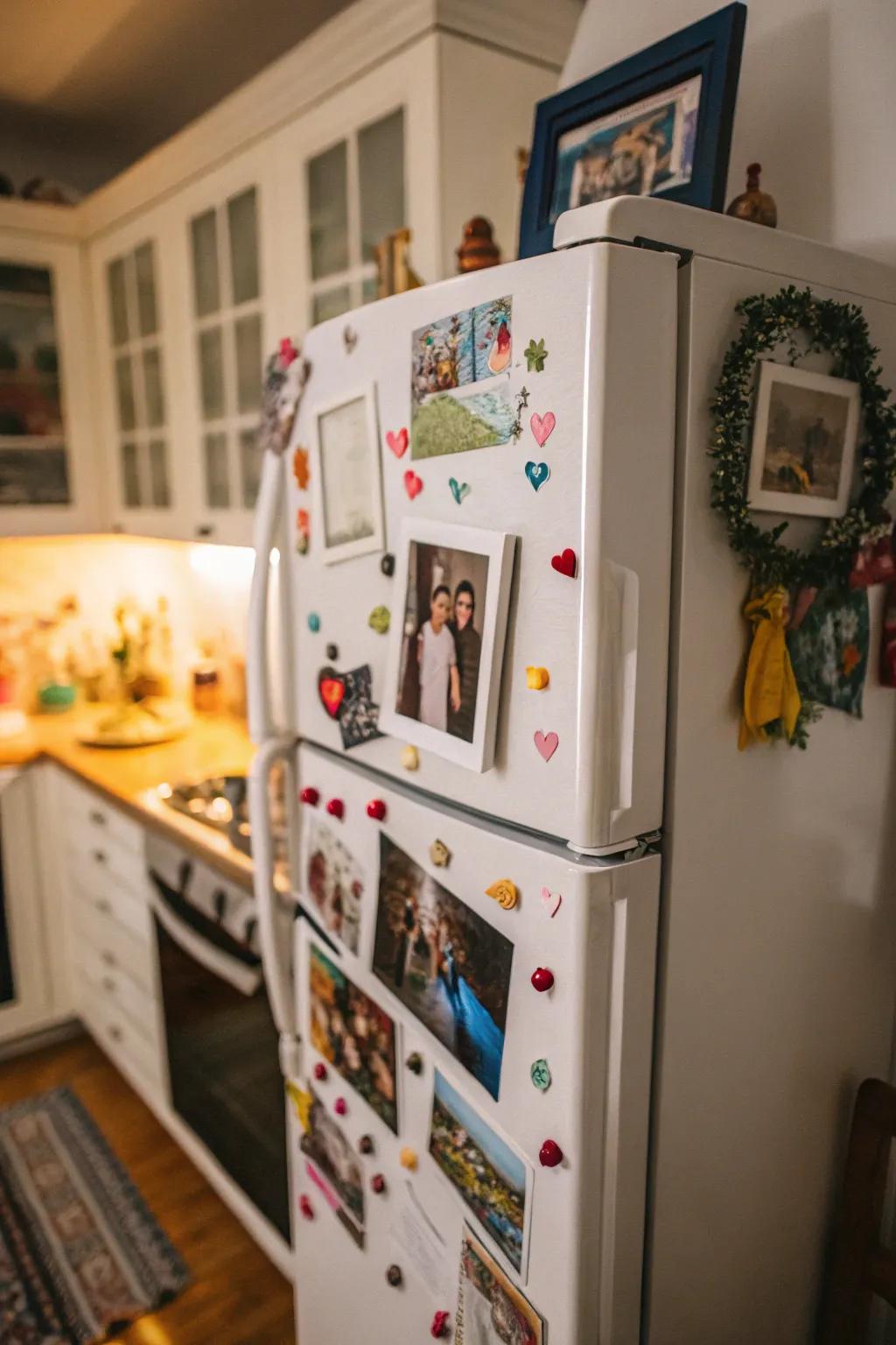 A fridge decorated with magnets and photos, adding a personal and artistic touch to the kitchen.