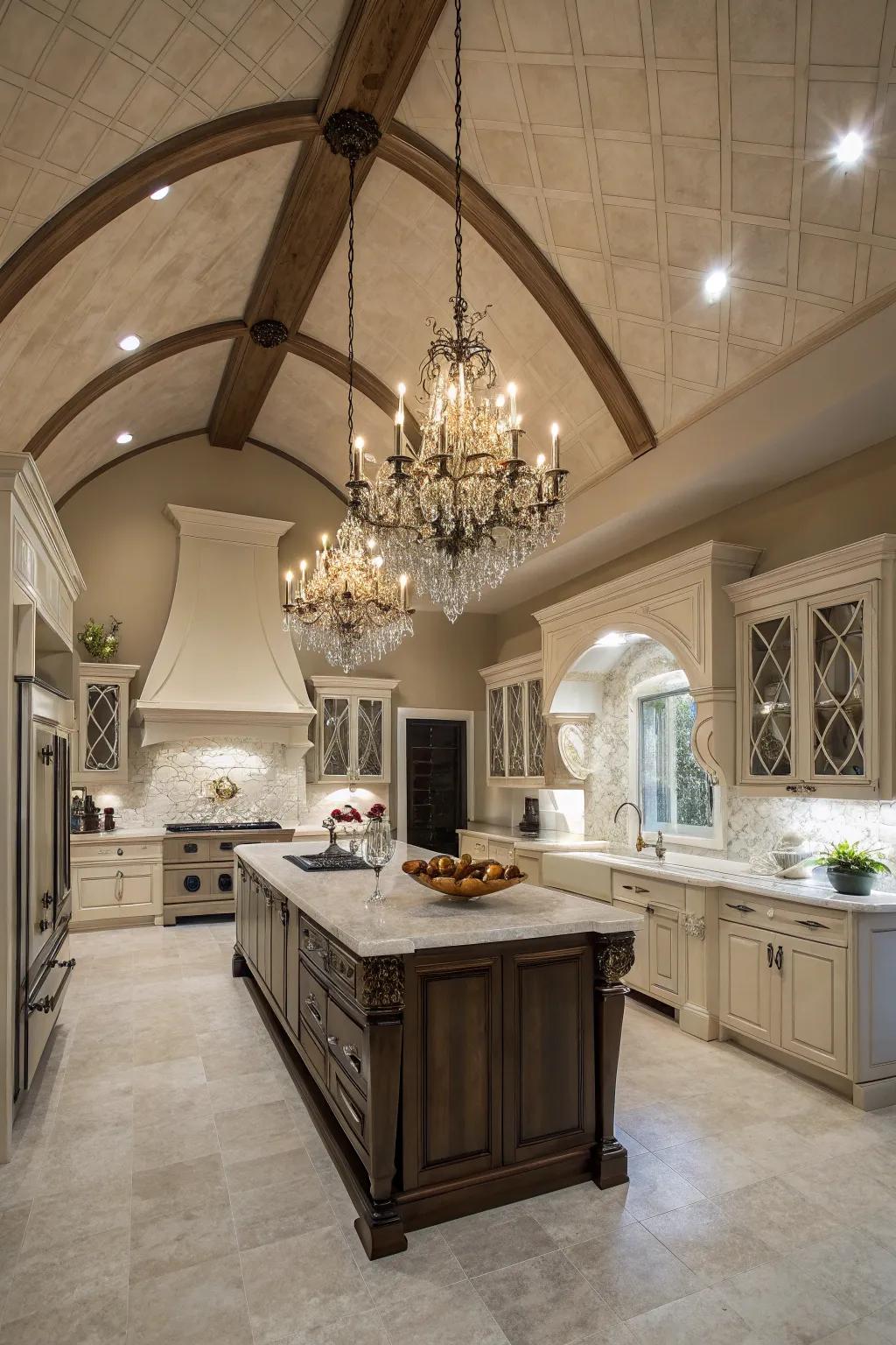 An elegant chandelier brings sophistication to this kitchen featuring a vaulted ceiling.