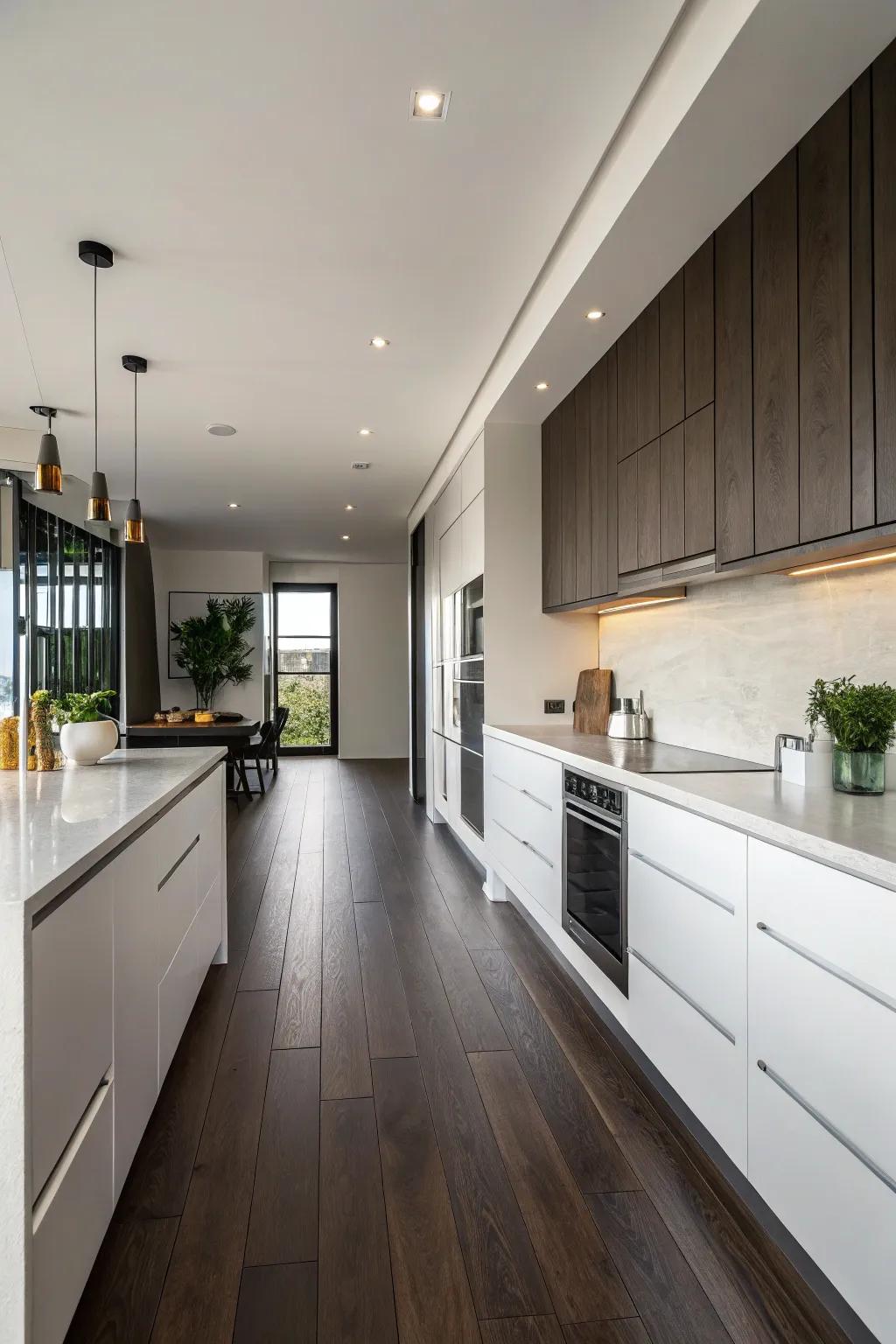 The minimalist design emphasizes the sleekness of the dark floors in this kitchen.