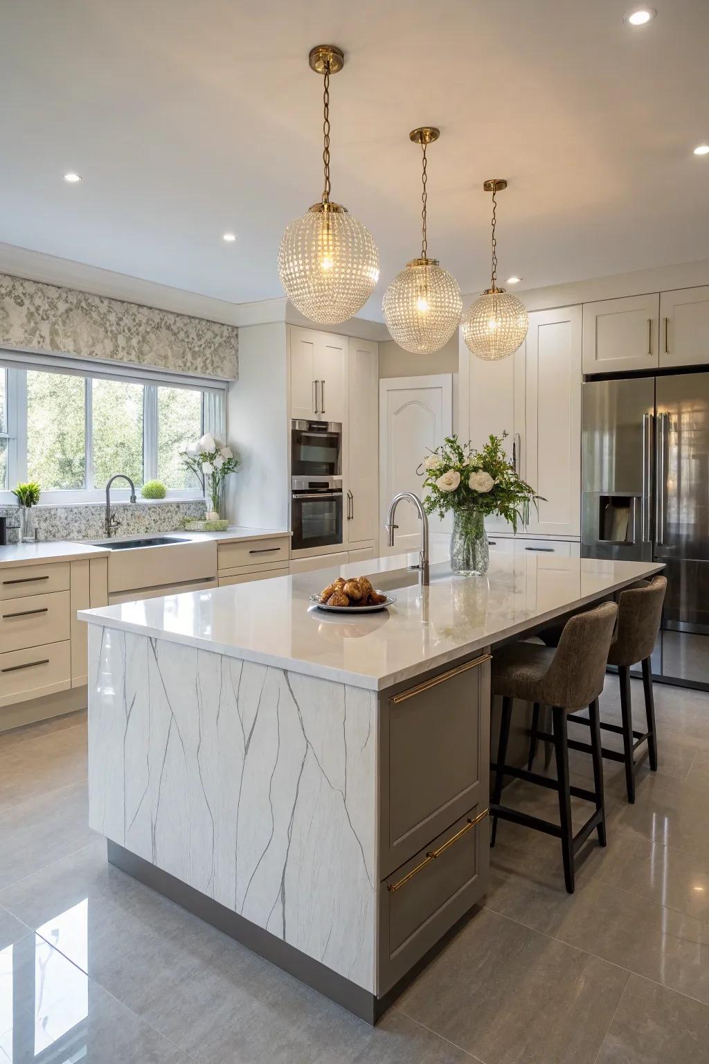 A striking quartz island serving as the kitchen’s highlight.