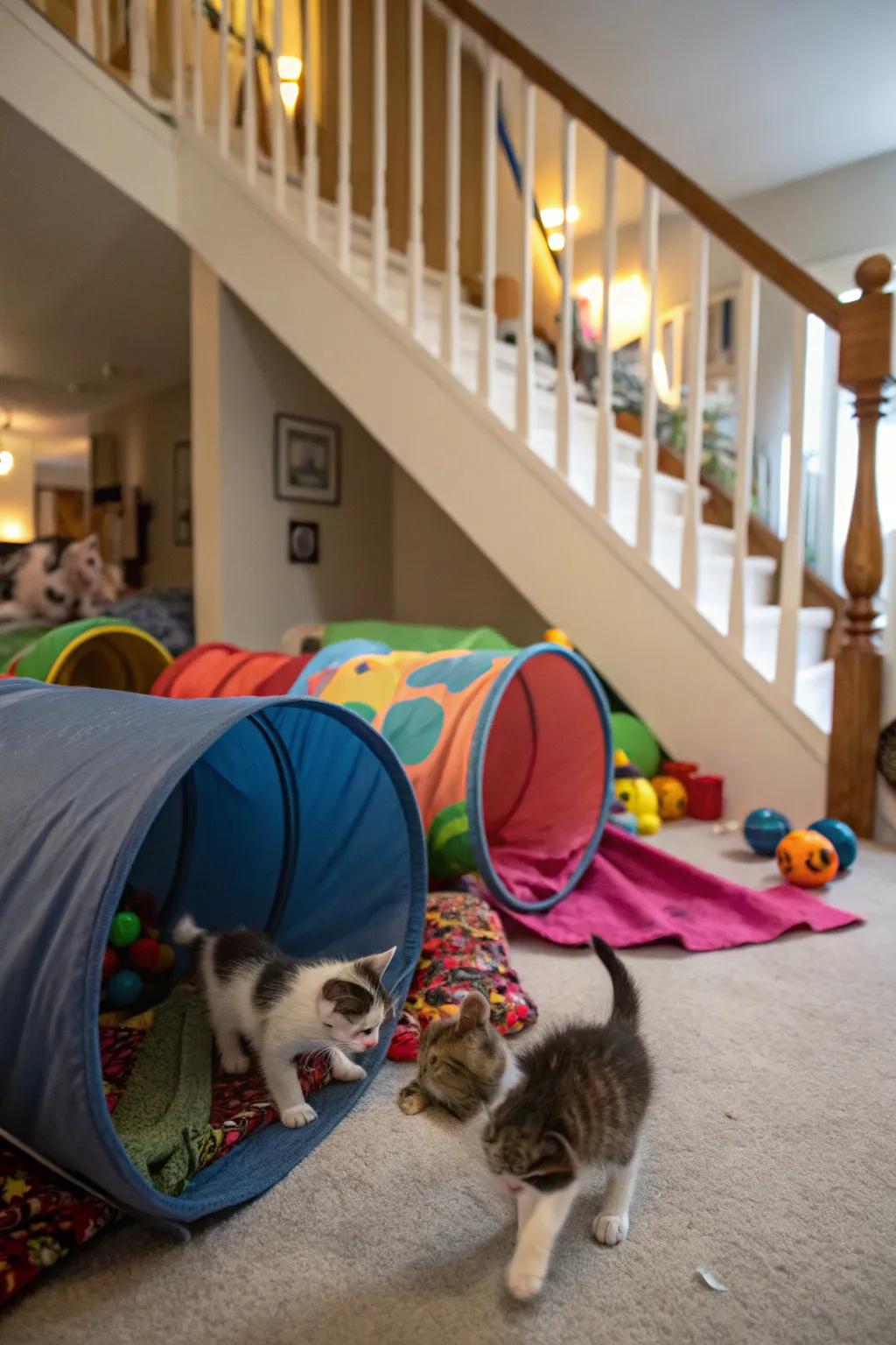 A concealed playground under the stairs, suited for inquisitive kittens.