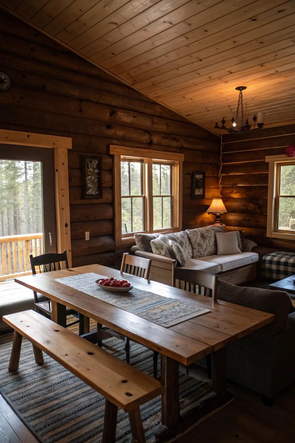 Practical furniture inviting relaxation in a pine paneled cabin.