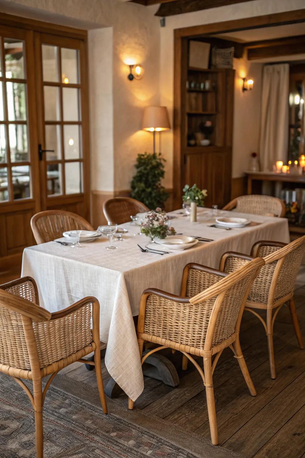 Natural textures add depth and warmth to the dining area.