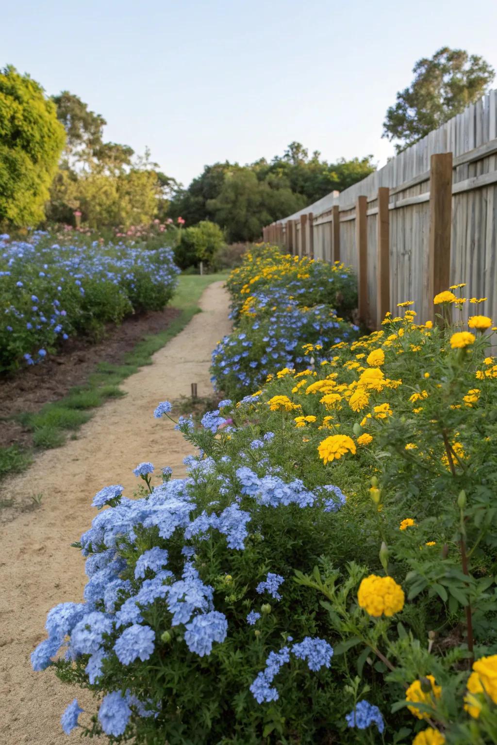 A garden featuring a striking pairing of azure glorybush and yellow calendula blossoms.