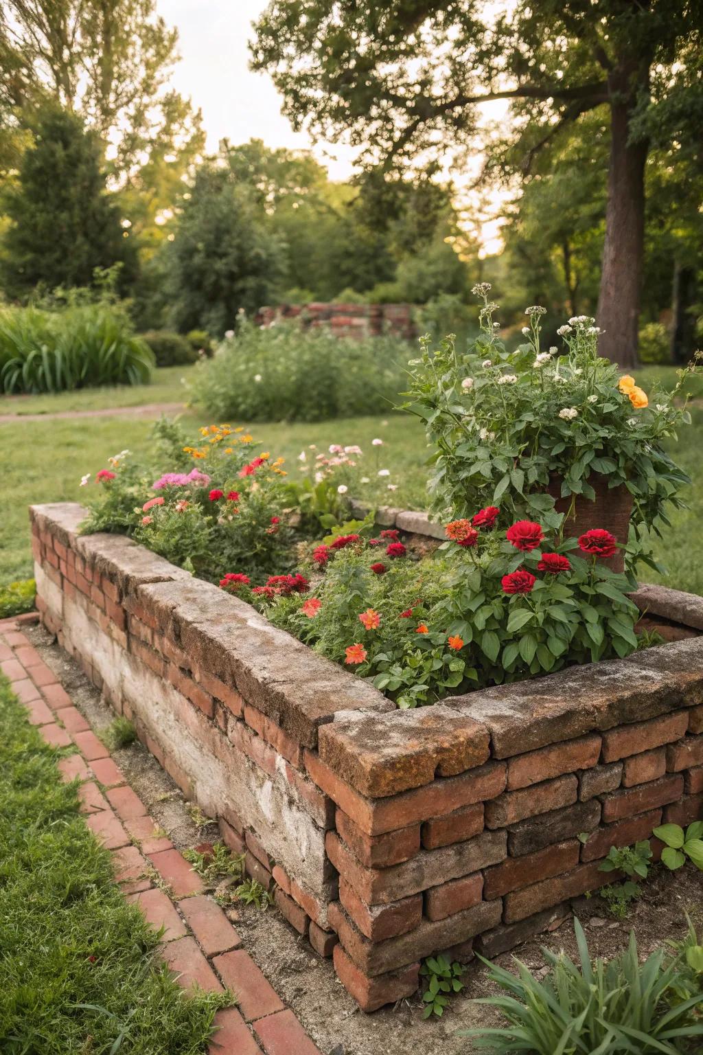 Old building blocks offer a timeless look for raised garden beds.